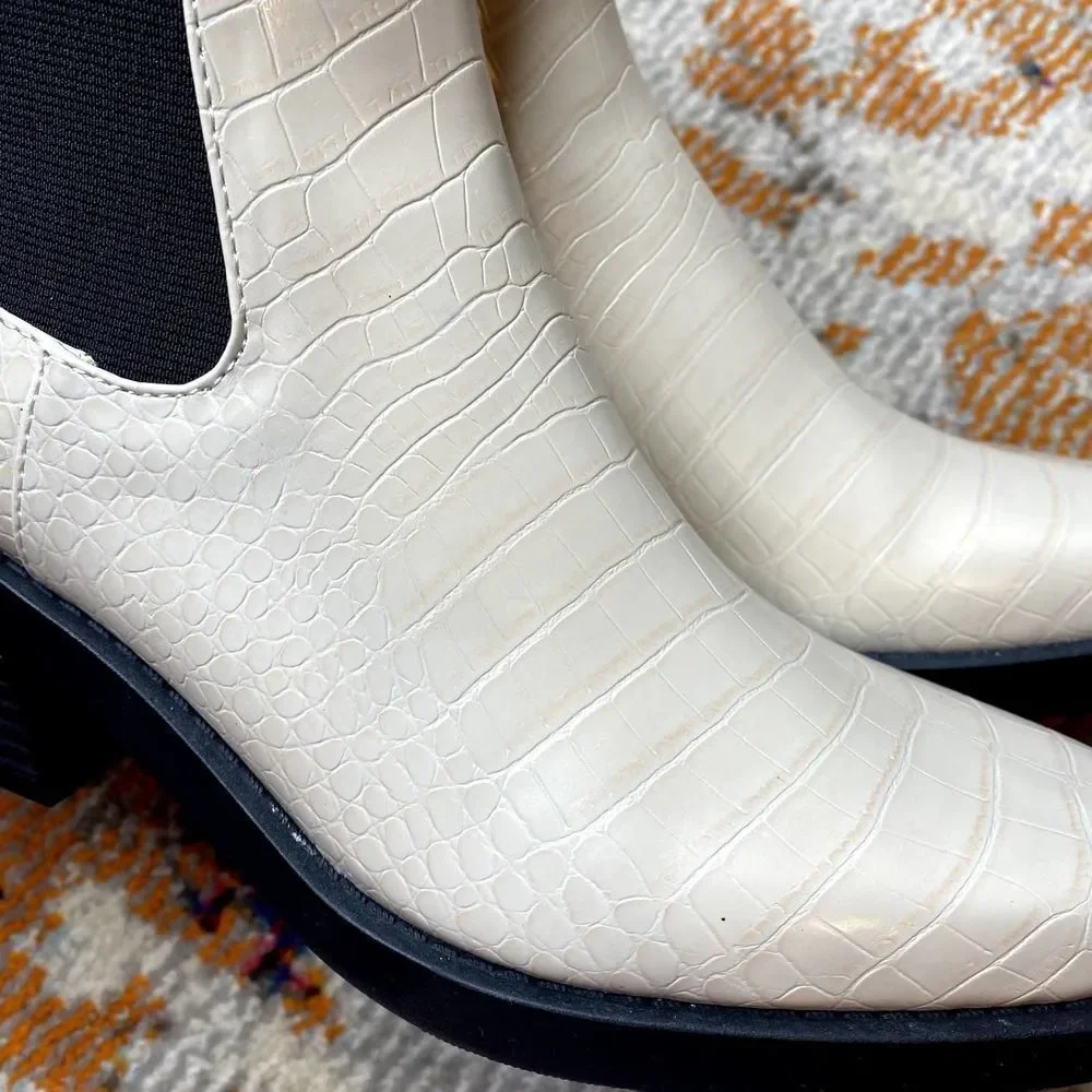Open Edit Rectangular Toe Stacked Heel Croc-Embossed Ayla Chelsea Boot Ivory 8